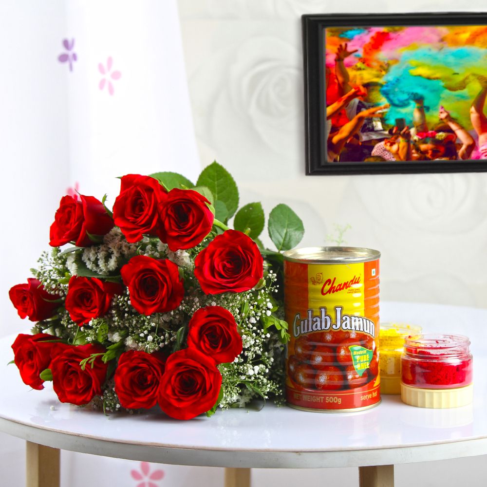 Holi Color with Gulab Jamun Sweets and Roses Bouquet