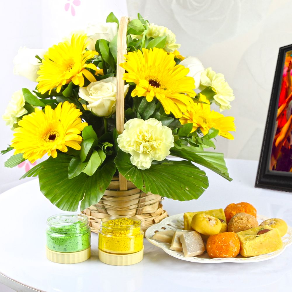 Mix Yellow Flowers with Assorted Sweets and Holi Colors
