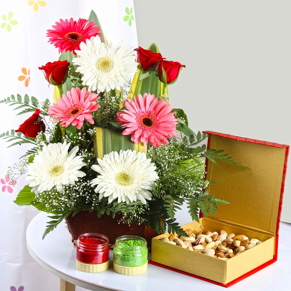 Healthy Holi Hamper of Flowers Basket and Assorted Dryfruit with Colors