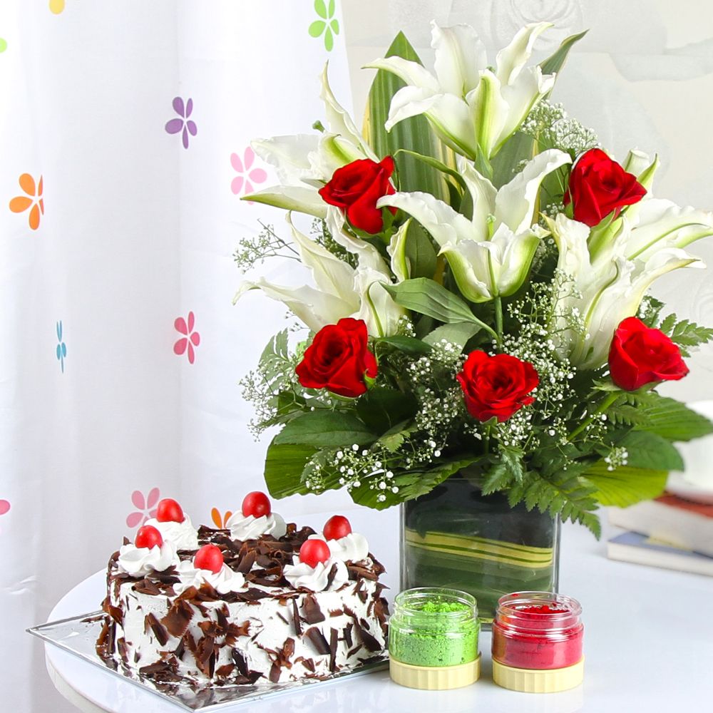 Holi colors hamper of Flowers vase with Black forest cake