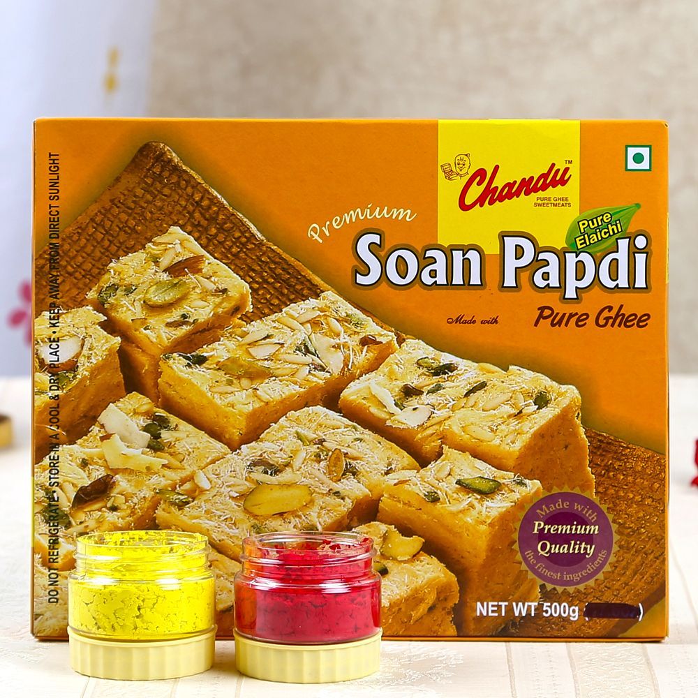 Soan Papdi Sweets with Two Holi Colors