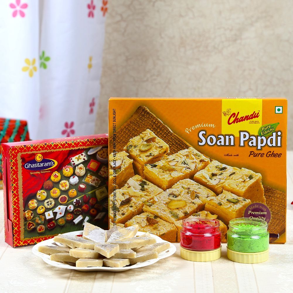 Soan Papdi with Kaju Sweets and Holi Colors