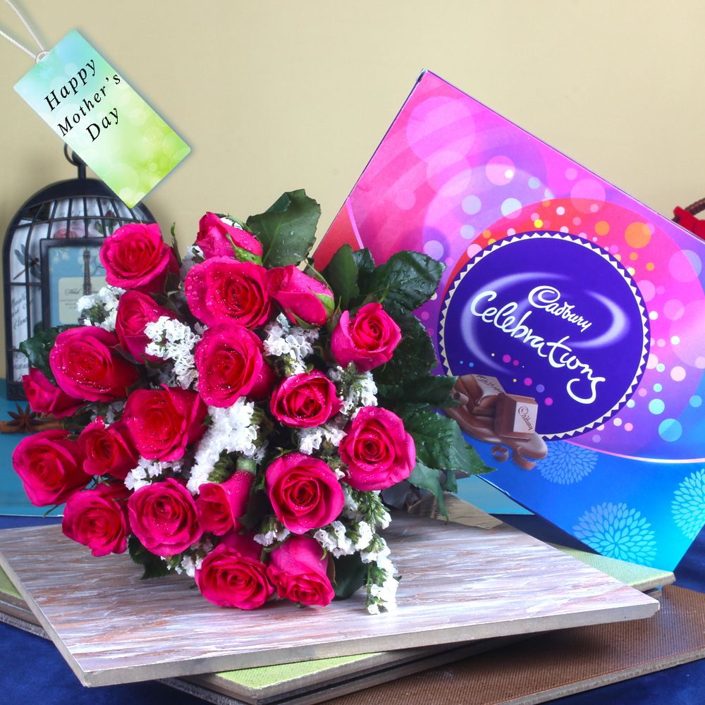 Celebration Chocolate Pack with Pink Roses Bouquet