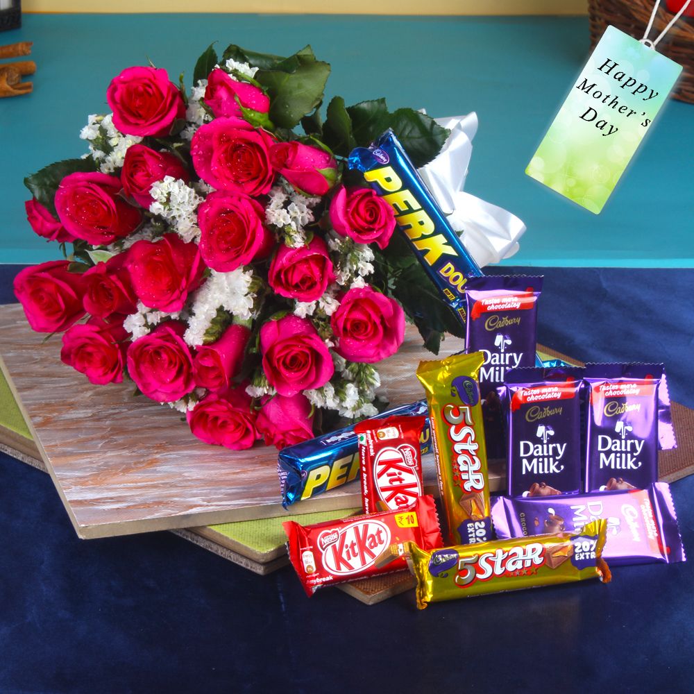 Fresh Roses and Assorted Chocolates for Mothers Day