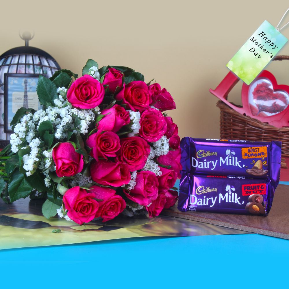 Chocolates with Fresh Roses for Mothers Day