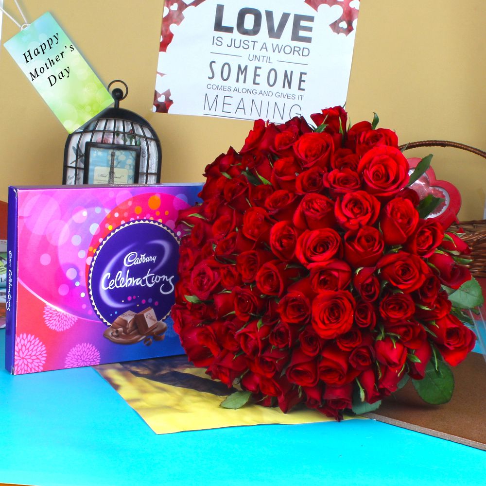 Mothers Day Special with Red Roses Bouquet and Celebration Pack