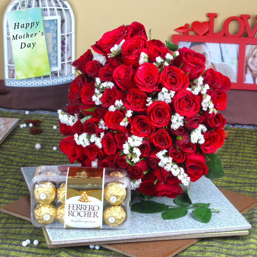 Special Gifts on Mothers Day Fifty Red Roses with Ferrero Rocher