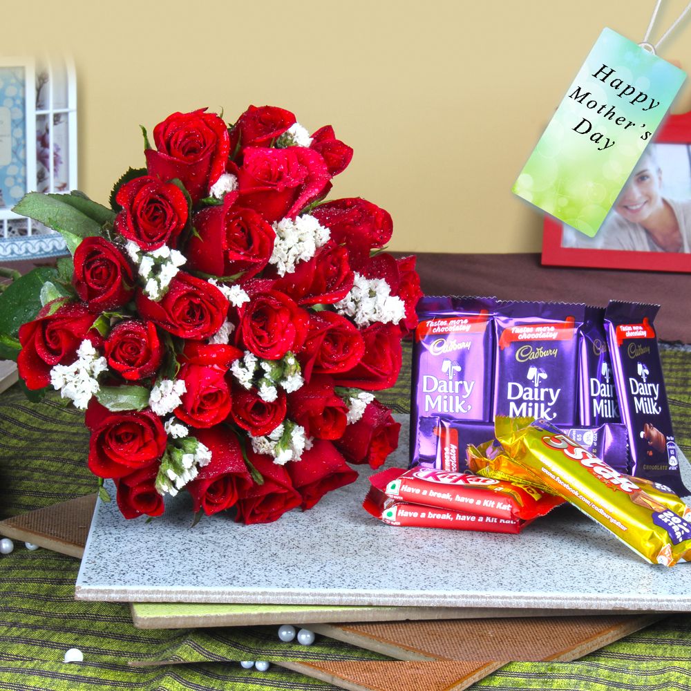 Bouquet of Red Roses with Assorted Chocolates for Mothers Day