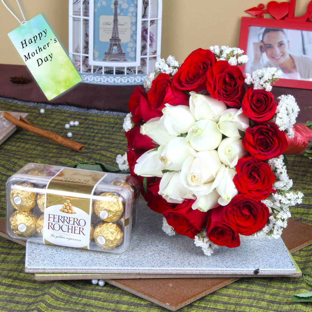 Bouquet of Red and White Roses with Ferrero Rocher for Mothers Day