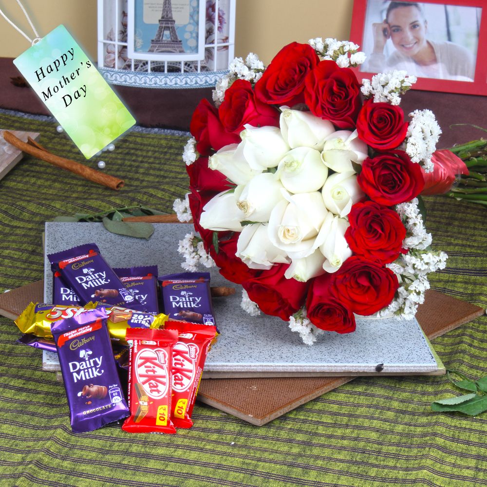 Bunch of Red and White Roses with Assorted Chocolates for Mothers Day