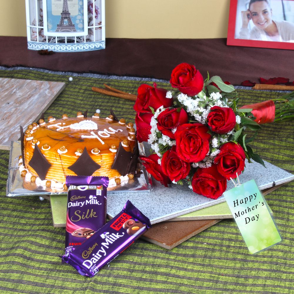 Assorted Chocolate and Cake with Ten Red Roses for Mothers Day