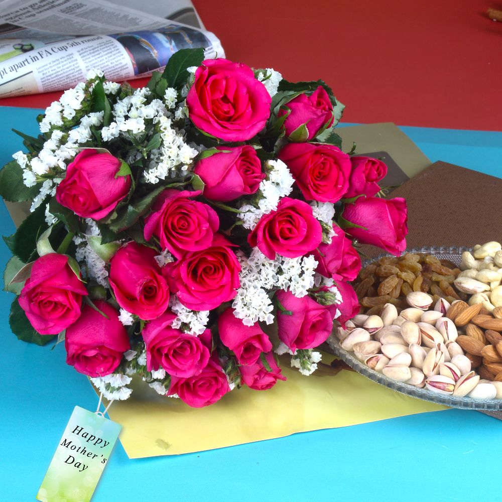 Twenty Pink Roses with Assorted Dryfruits for Mom