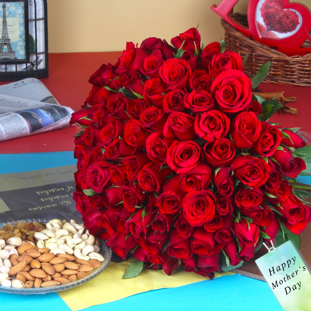 Hundred Red Roses Bouquet with Mix Dryfruits