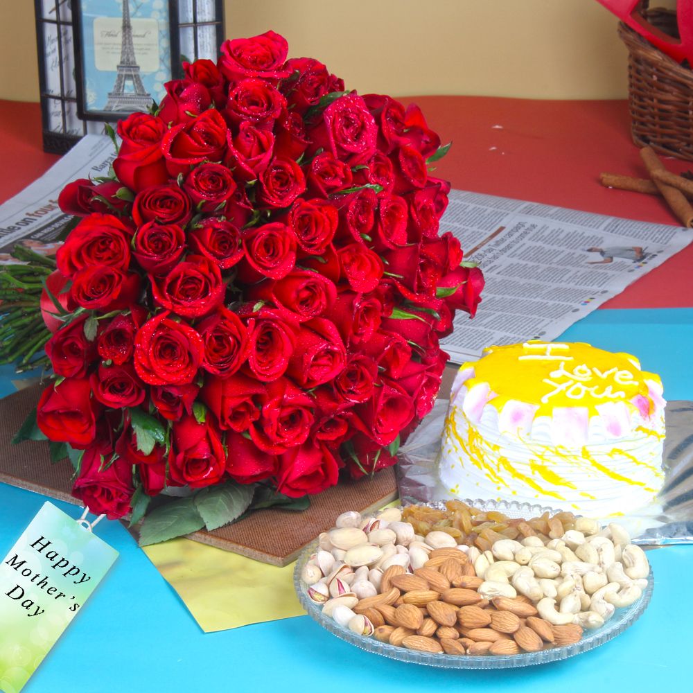 Hundred Red Roses Bouquet with Mix Dryfruits and Pineapple Cake