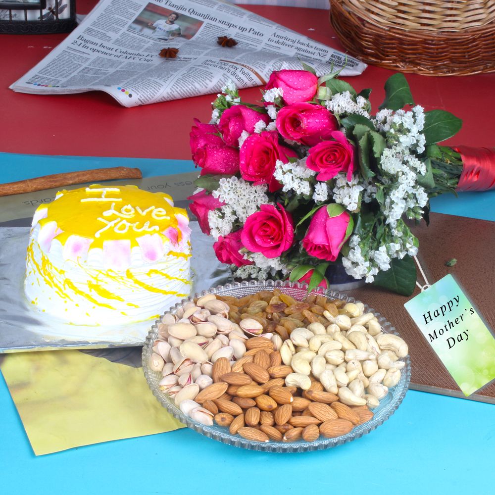 Pineapple Cake with Pink Roses and Dryfruits