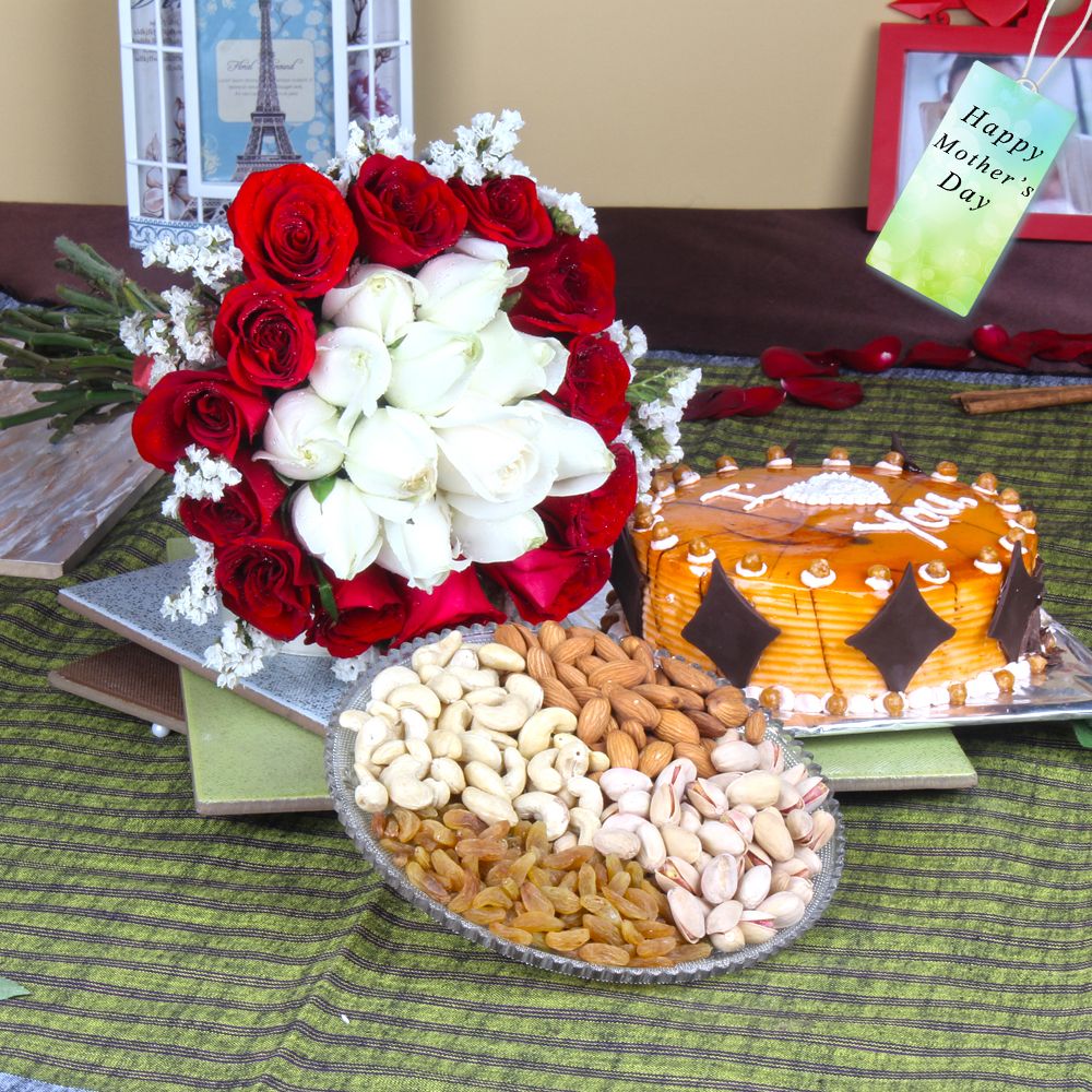 Butterscotch Cake with Mixed Dryfruits and Roses Bouquet