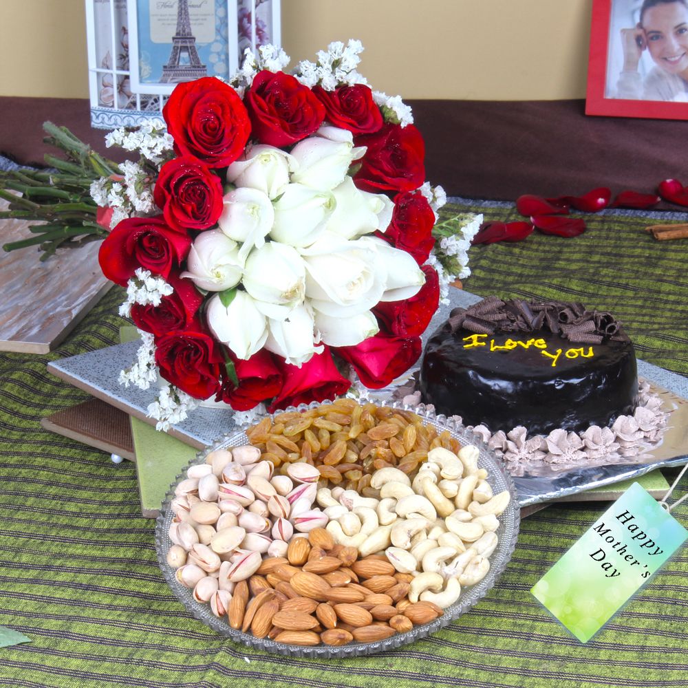 Chocolate Cake with Mixed Dryfruits and Roses Bouquet