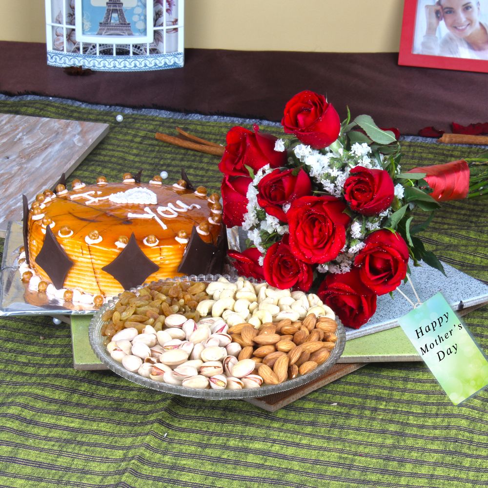 Assorted Dryfruits with Butterscotch Cake and Red Roses Bouquet