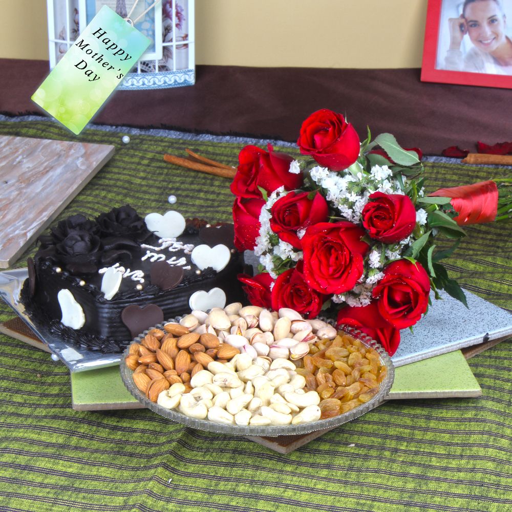 Mixed Dryfruits with Chocolate Cake and Red Roses Bouquet