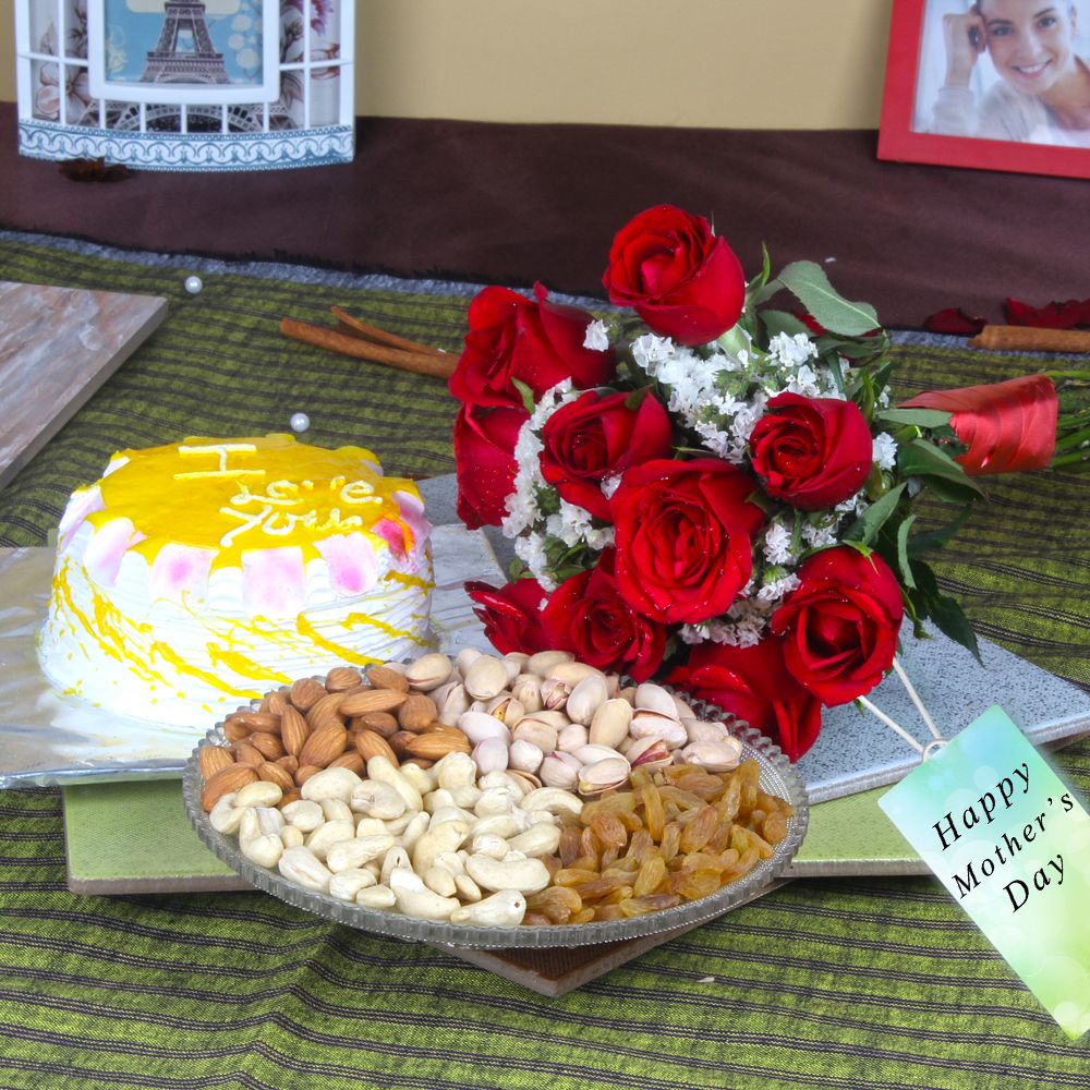 Red Roses Bouquet with Pineapple Cake and Assorted Dryfruits