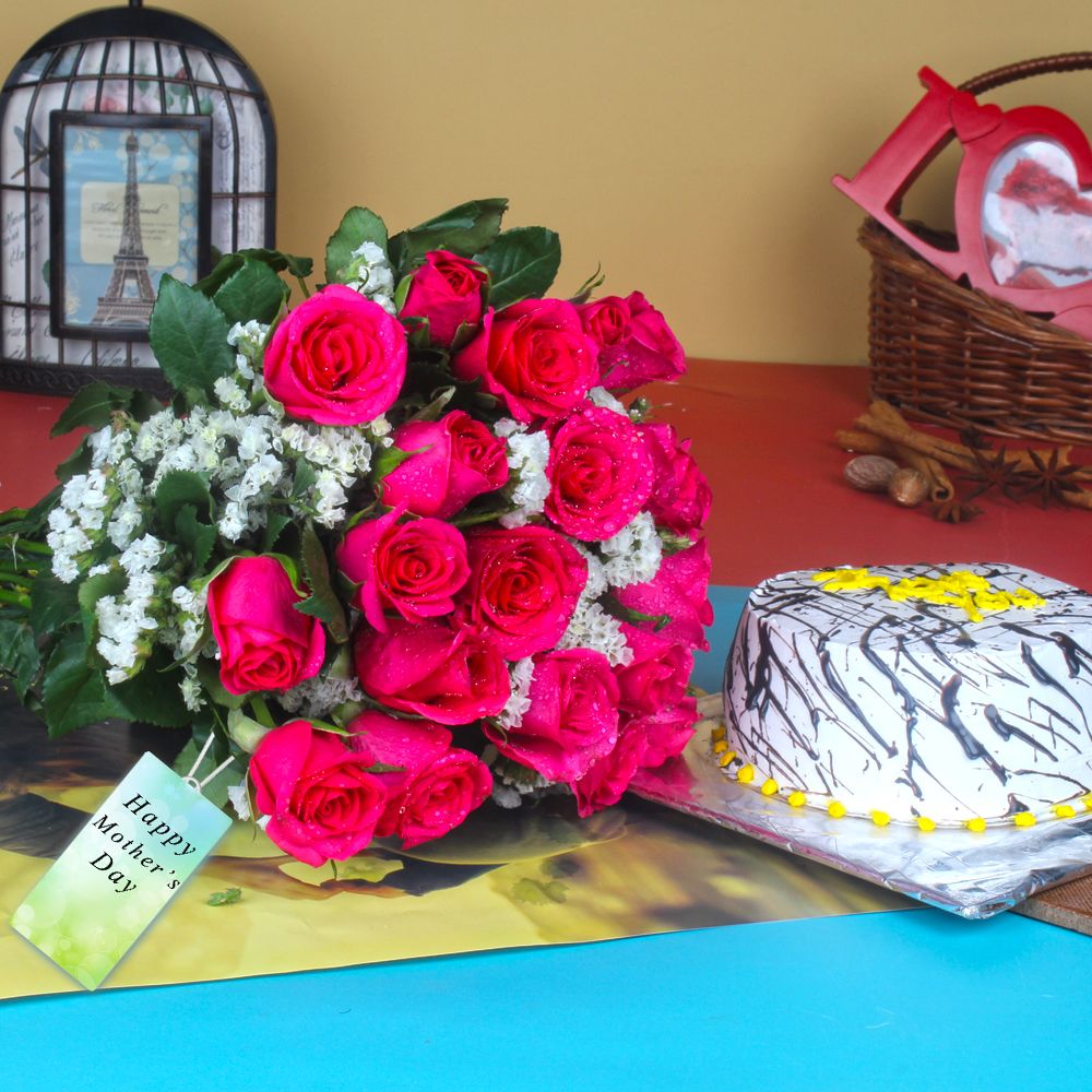 Bouquet of Pink Roses and Vanilla Cake for Mothers Day