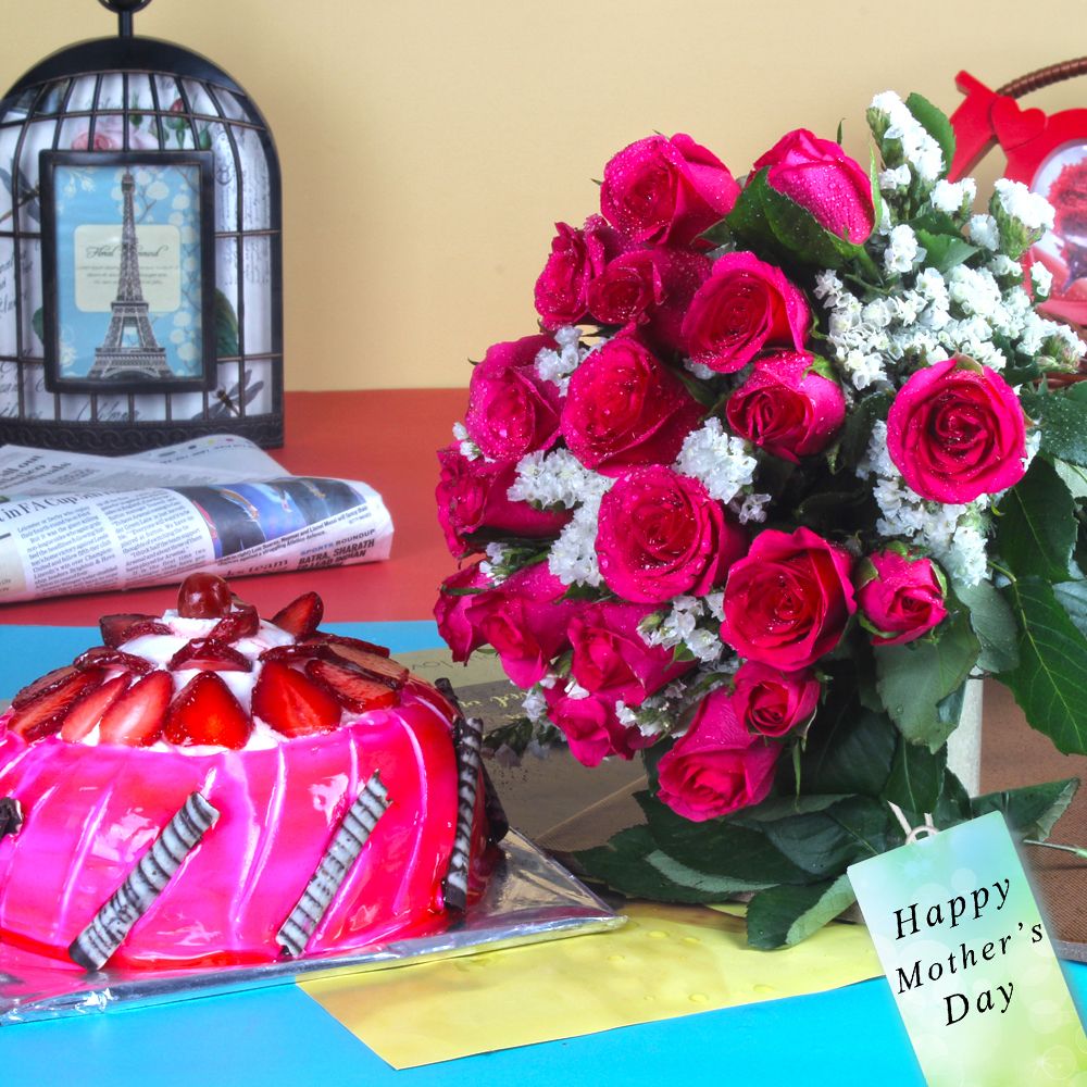 Mothers Day Gift Collection of Strawberry Cake and Pink Roses Bouquet