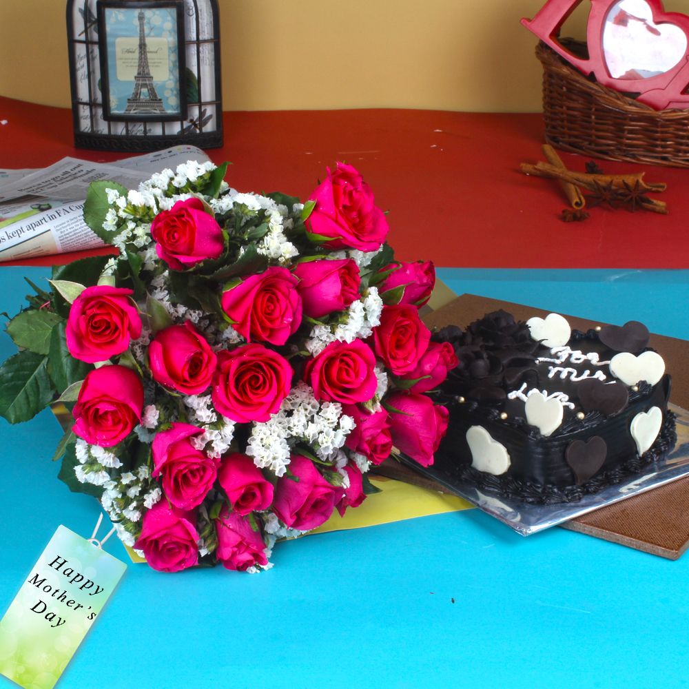 Heartshape Chocolate Cake with Pink Roses Bouquet on Mothers Day