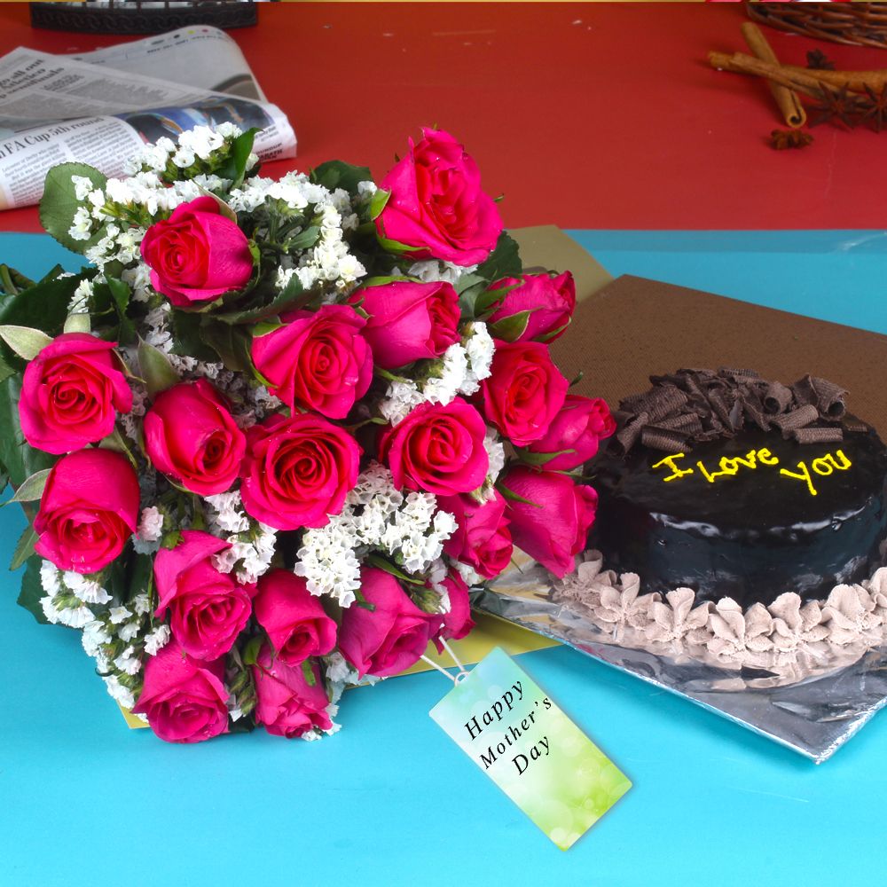 Chocolate Cake and Pink Roses Bouquet for Mothers Day