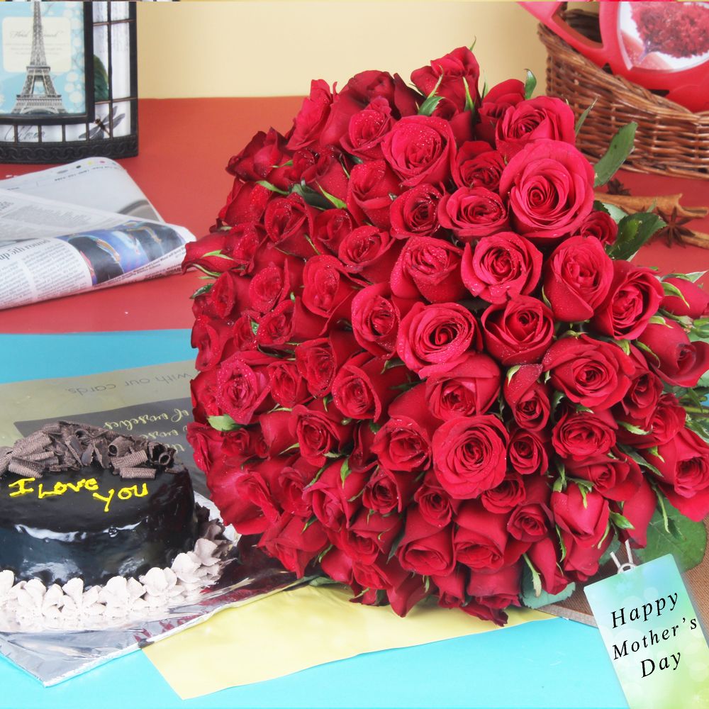 Hundred Red Roses Bouquet with Chocolate Cake