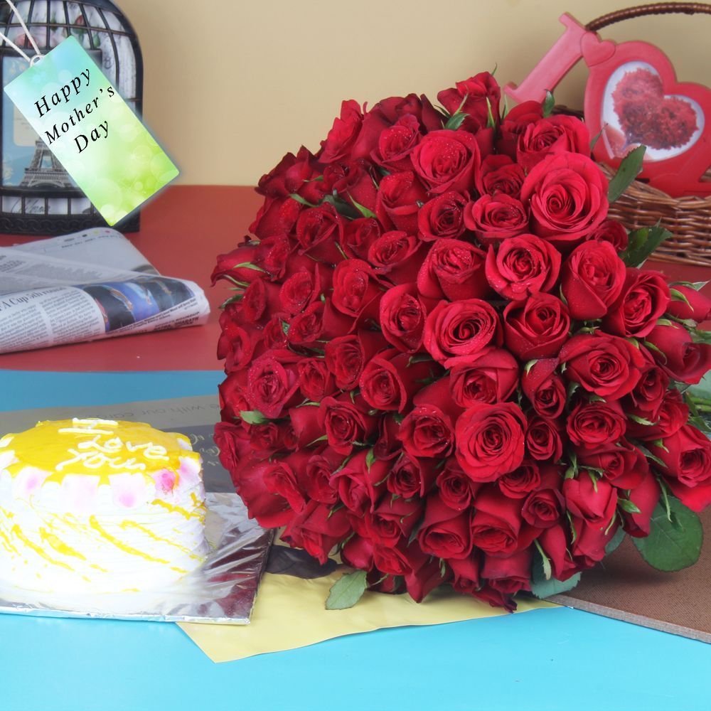 Red Roses Bouquet with Pineapple Cake