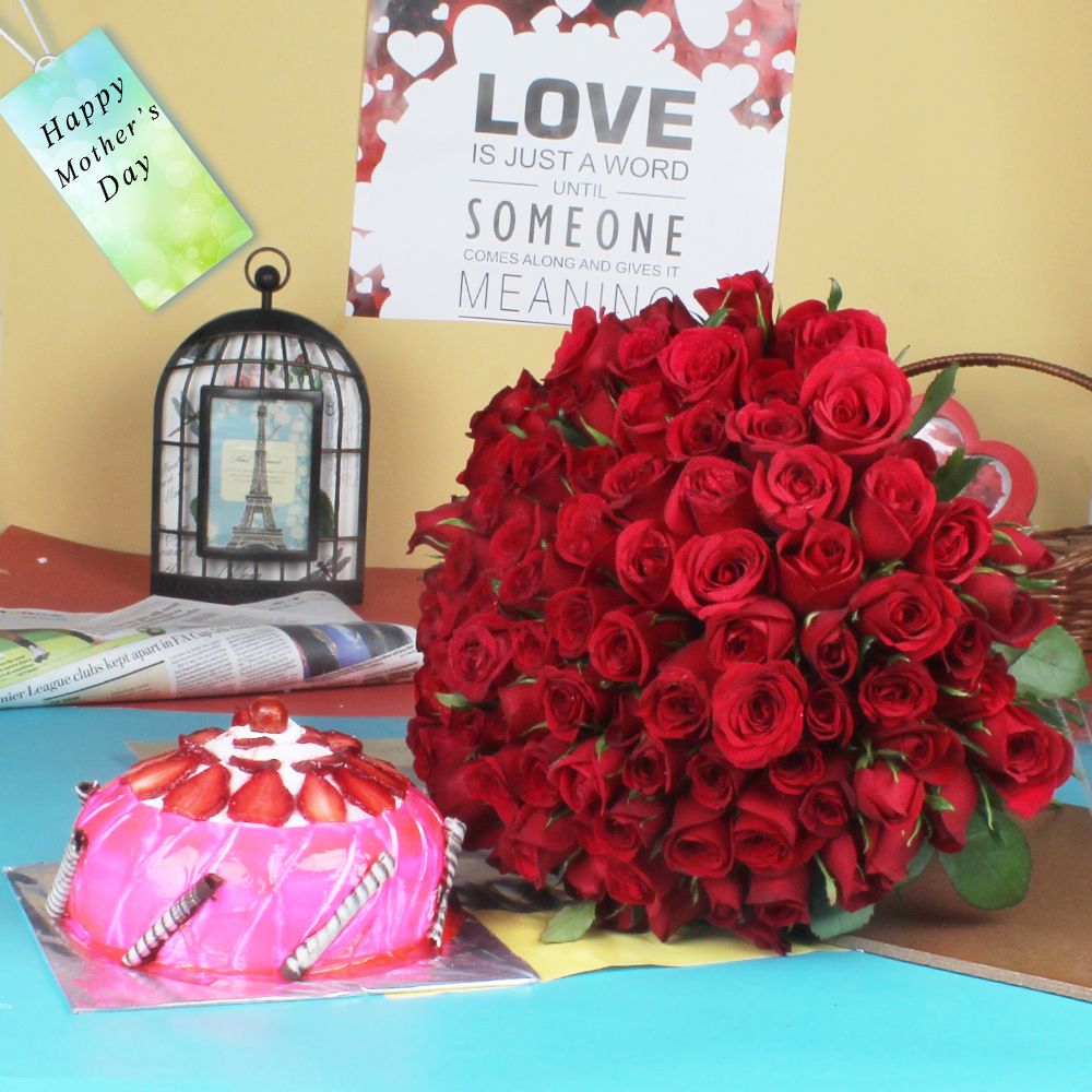 Red Roses Bouquet with Strawberry Cake