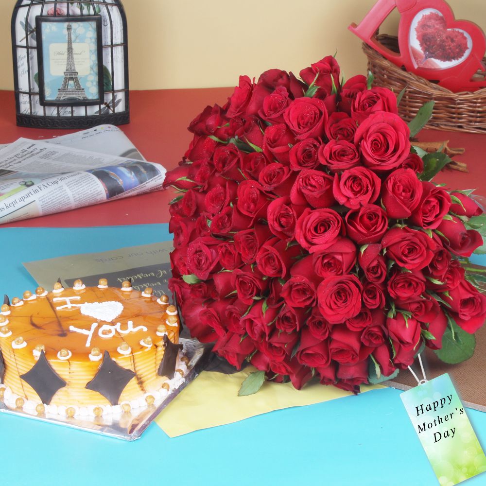 Hundred Red Roses Bouquet with Butterscotch Cake