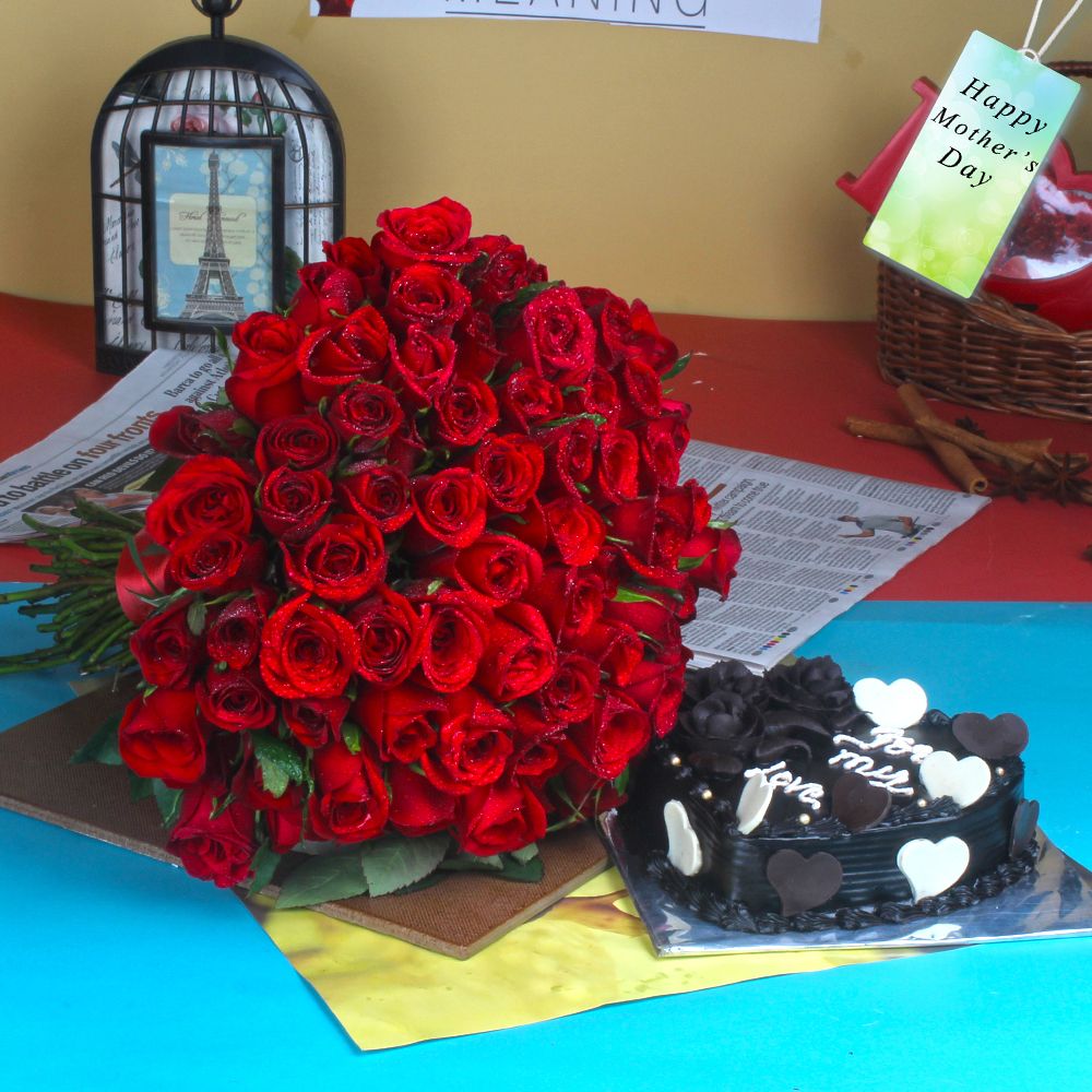 Red Roses Bouquet with Heartshape Chocolate Cake for Mothers Day