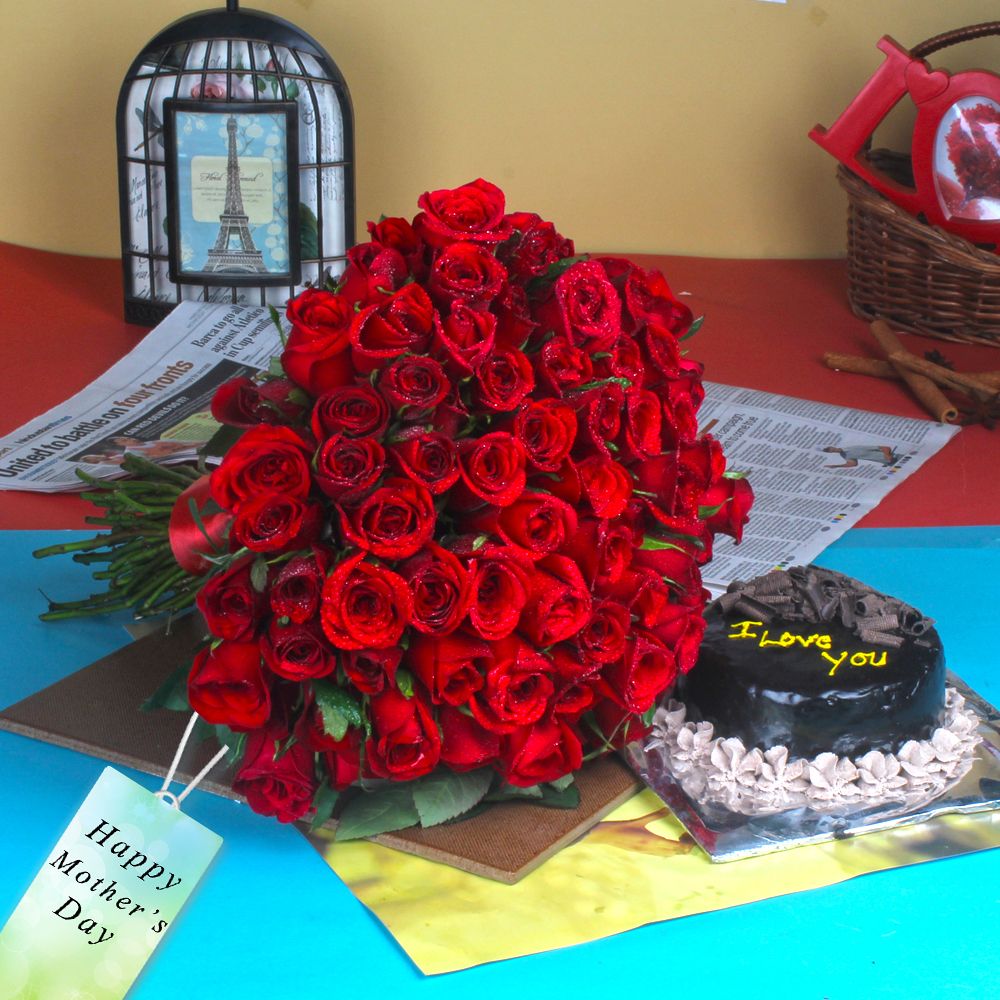 Exclusive Chocolate Cake with Red Roses Treat for Mom