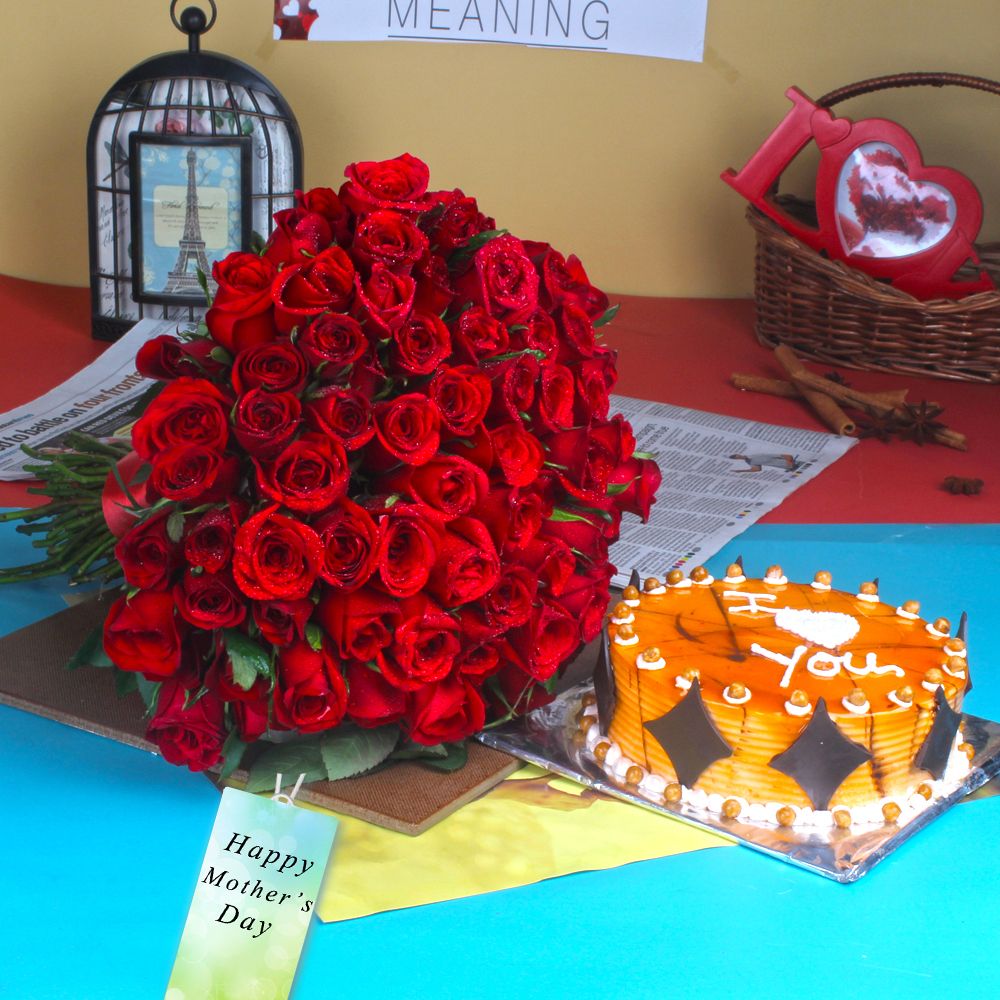 Butterscotch Cake with Red Roses Bouquet For Mothers Day