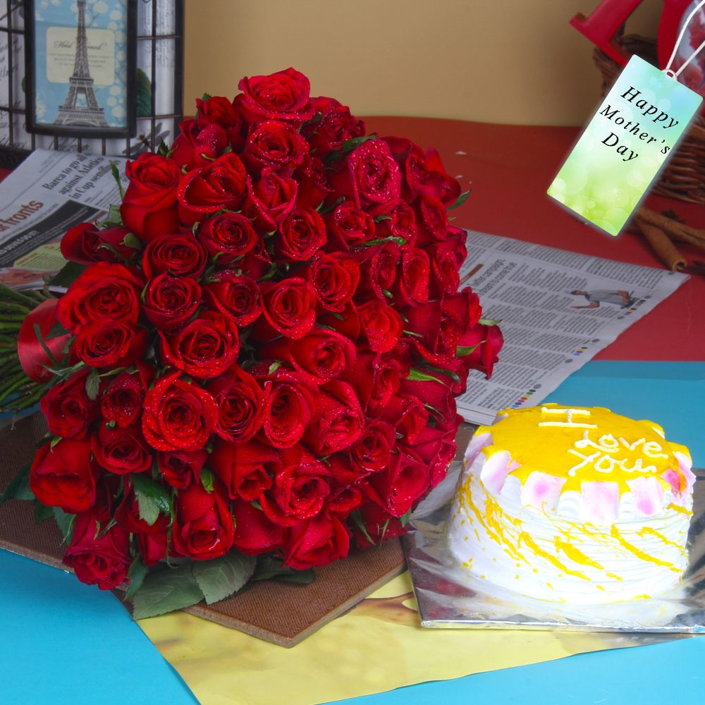 Pineapple Cake with Red Roses Bouquet on Mothers Day