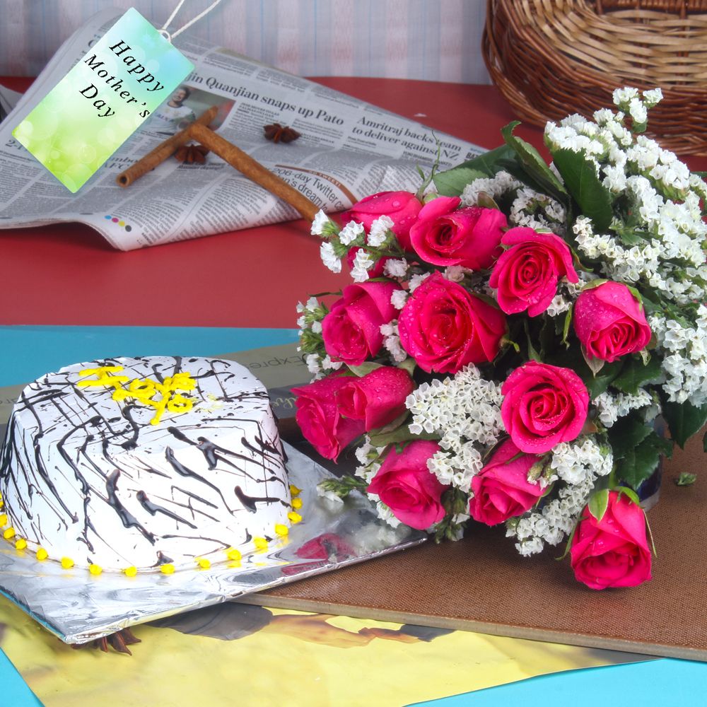 Pink Roses Bouquet with Vanilla Cake on Mothers Day