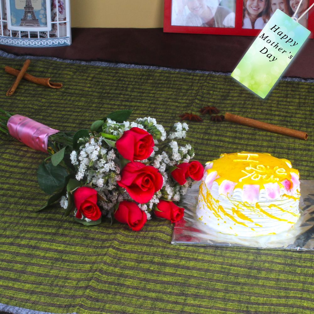 Six Red Roses Bouquet with Pineapple Cake For Mom