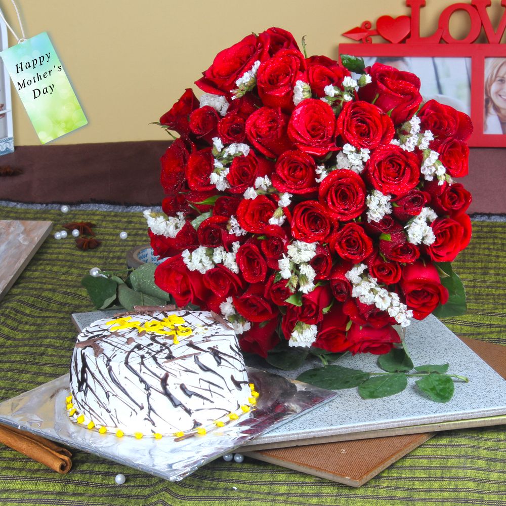 Vanilla Cake with Fifty Red Roses Bouquet For Mom