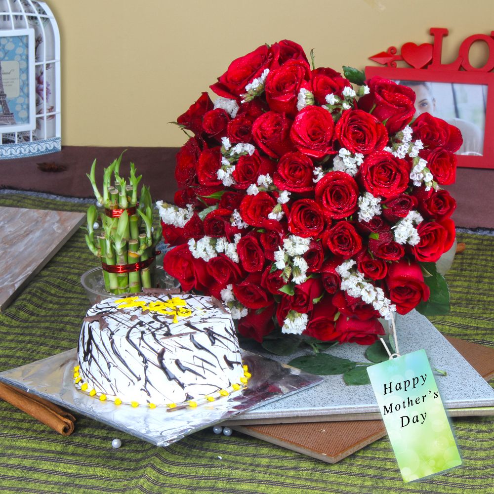 Fifty Red Roses Bouquet with Vanilla Cake and Goodluck Bamboo Plant