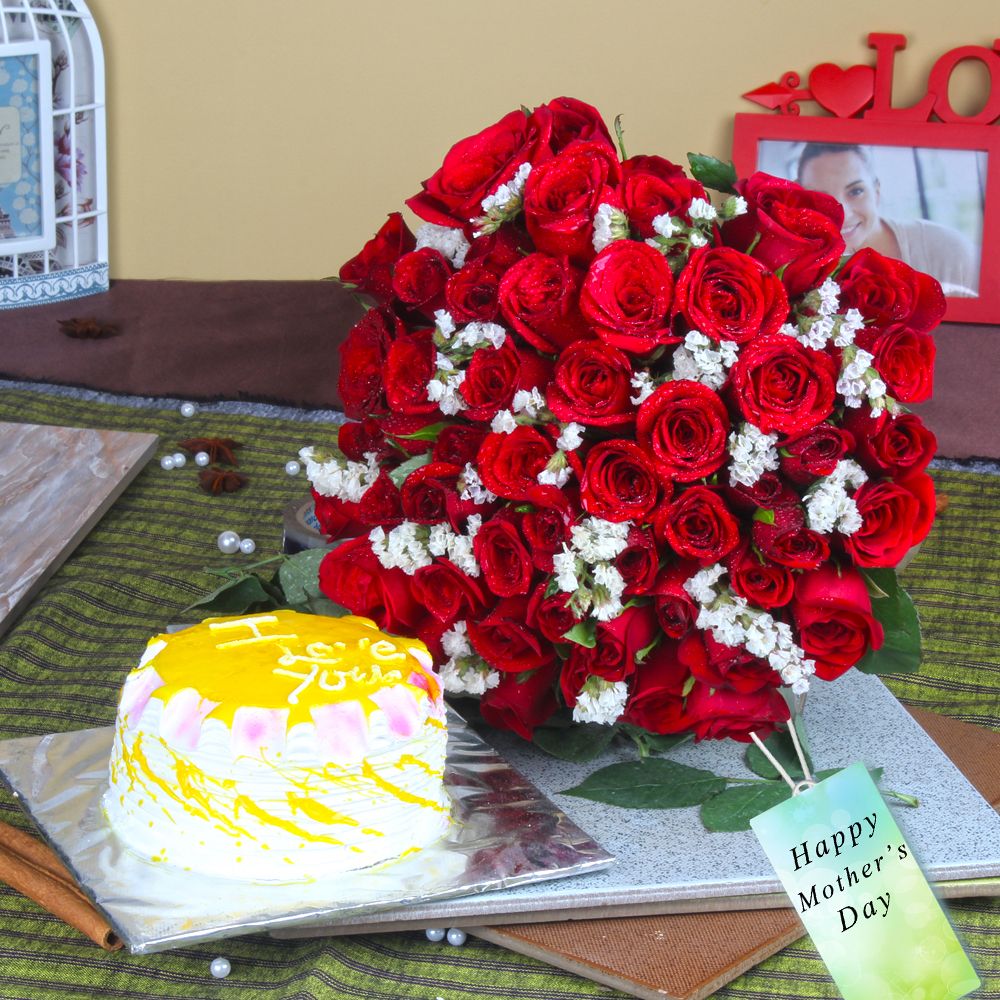 Pineapple Cake with Fifty Red Roses Bouquet  For Mommy