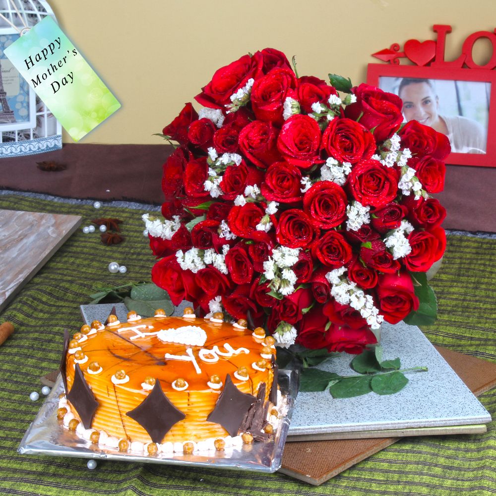 Butterscotch Cake with Fifty Red Roses Bouquet For Mom