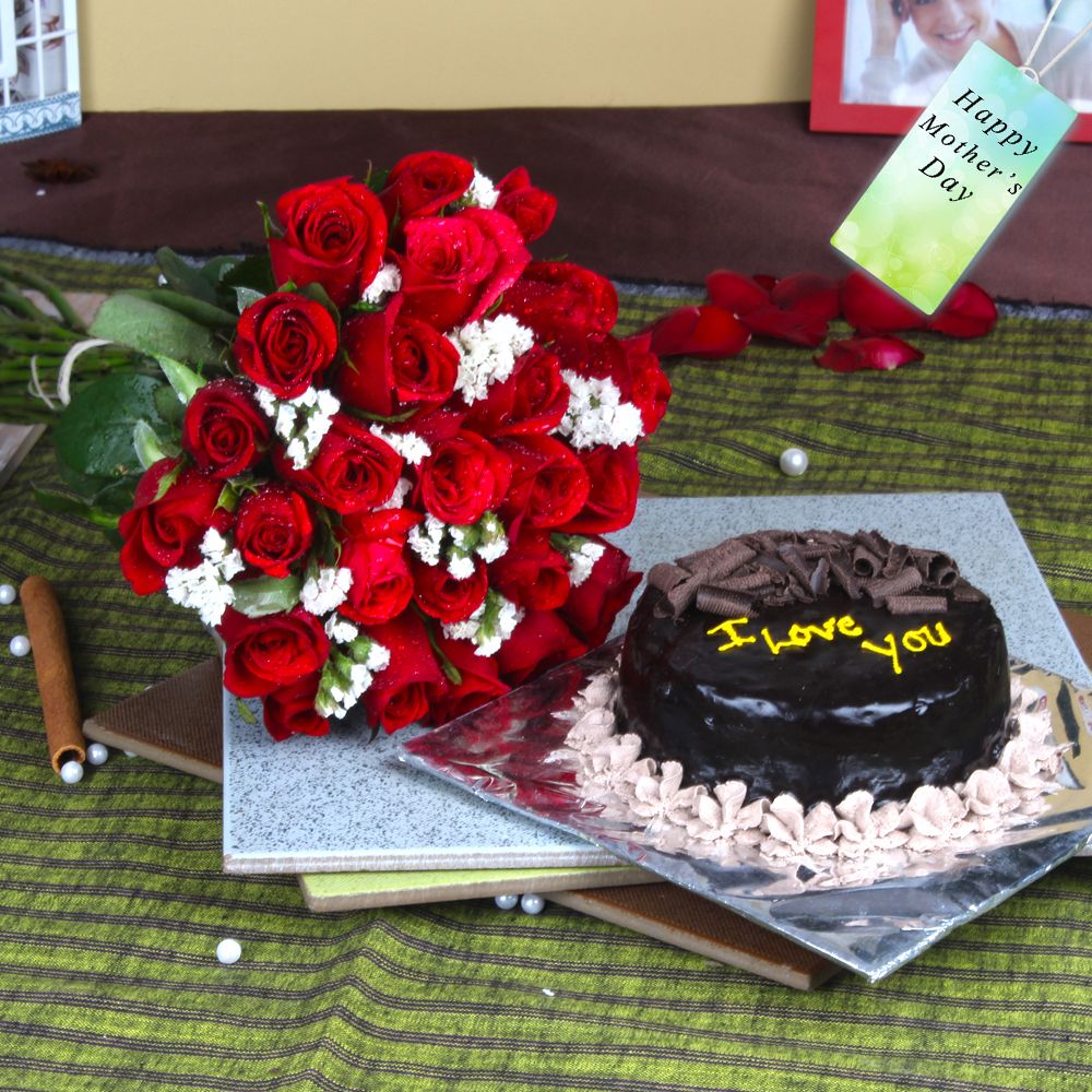 Twenty Five Red Roses Bouquet with Chocolate Cake For Mom