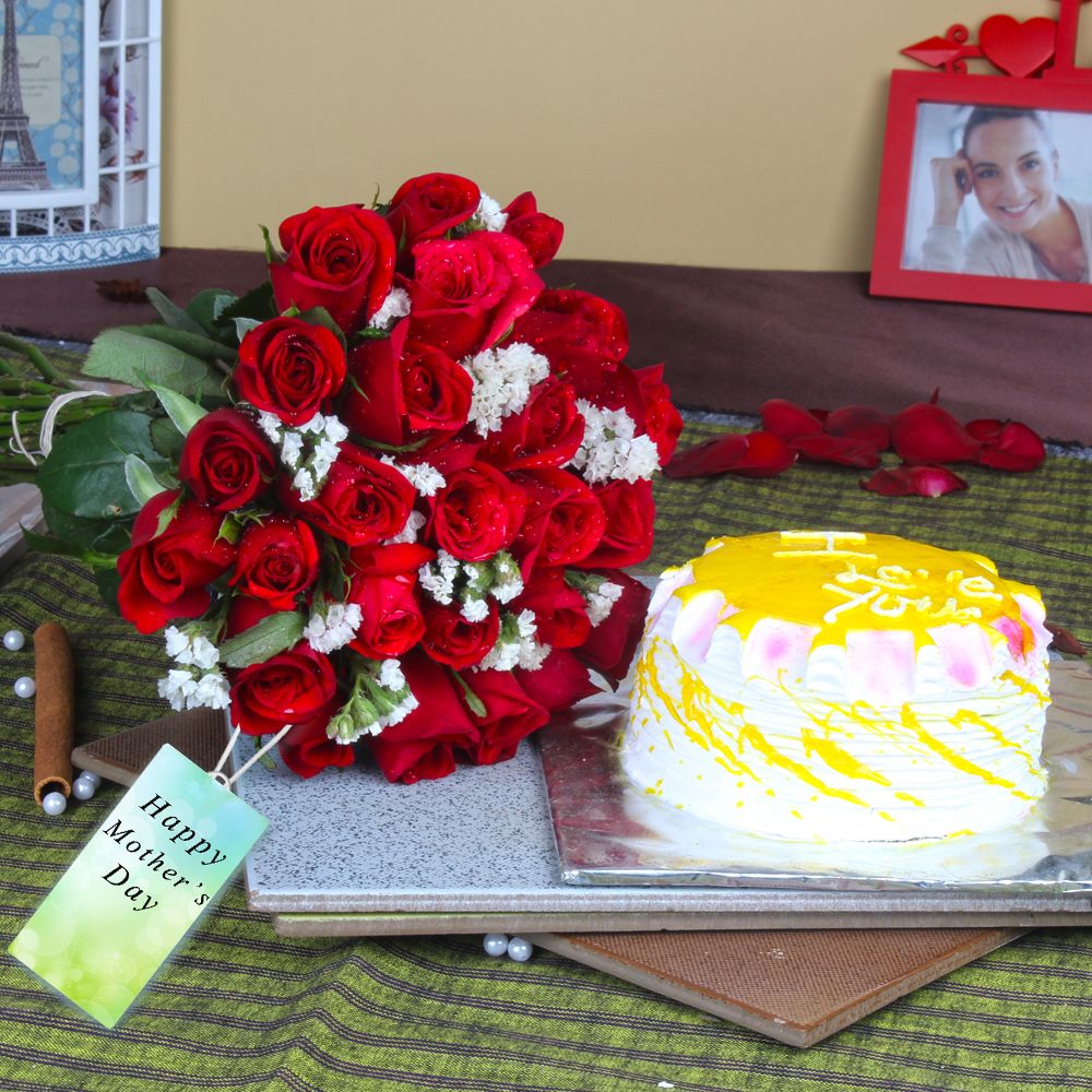 Twenty Five Red Roses Bouquet with Pineapple Cake
