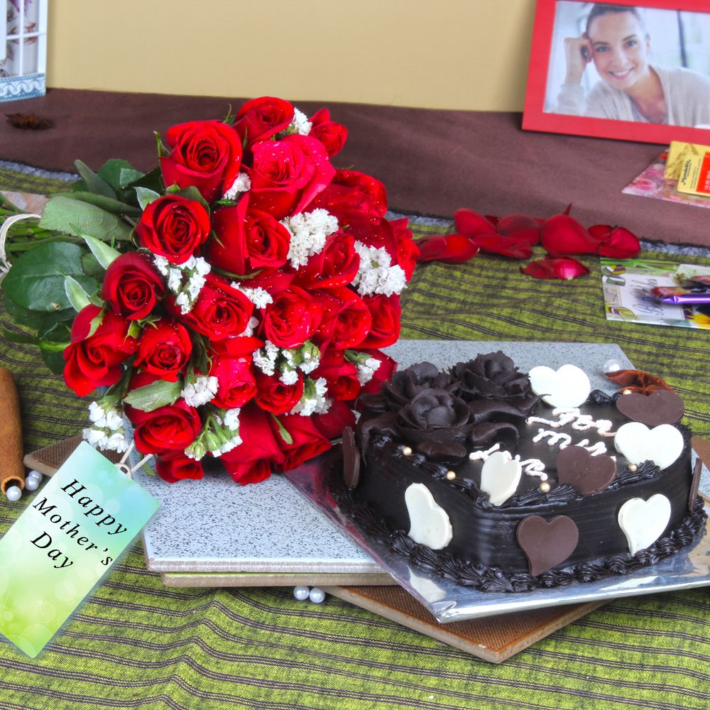 Heartshape Chocolate Cake with Twenty Five Red Roses Bouquet