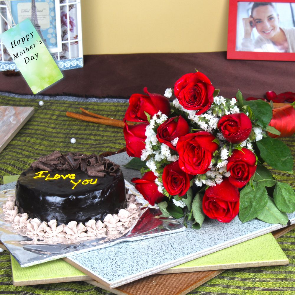 Ten Red Roses Bouquet with Chocolate Cake For Mom