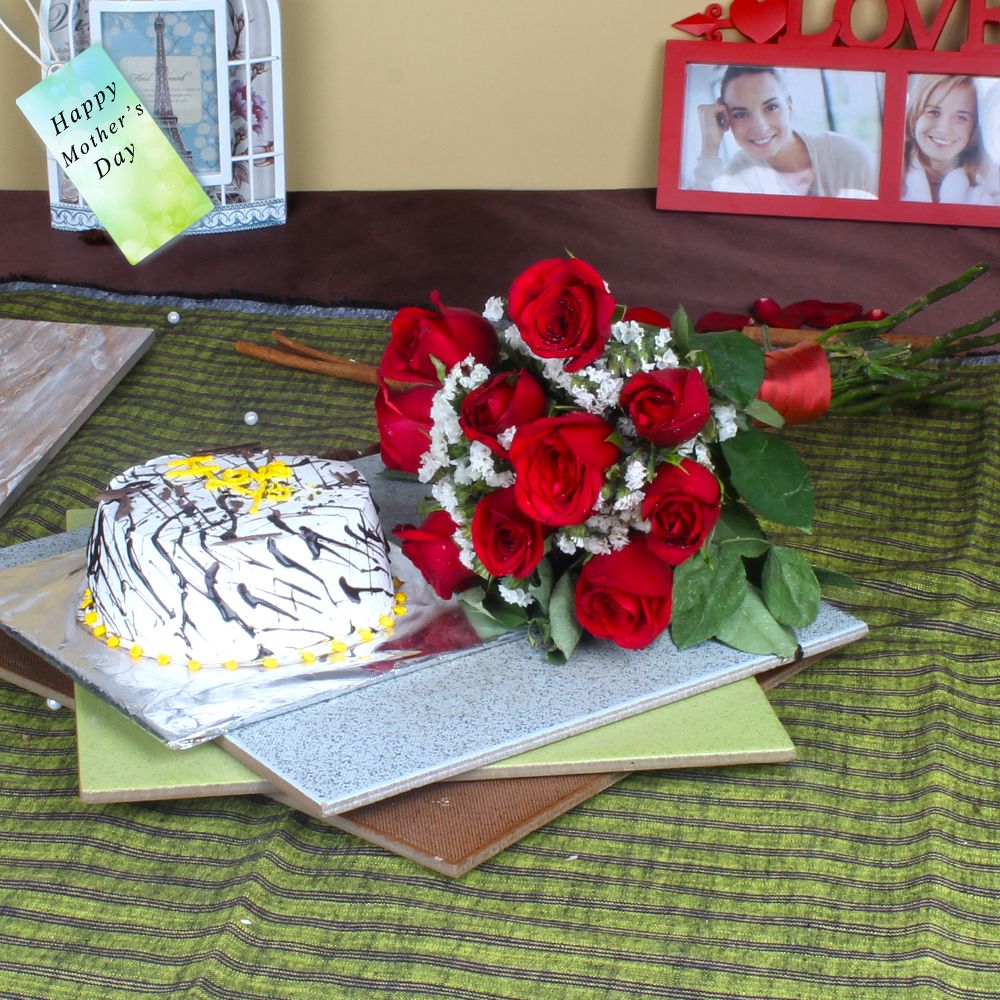 Ten Red Roses Bouquet with Vanilla Cake For Mummy