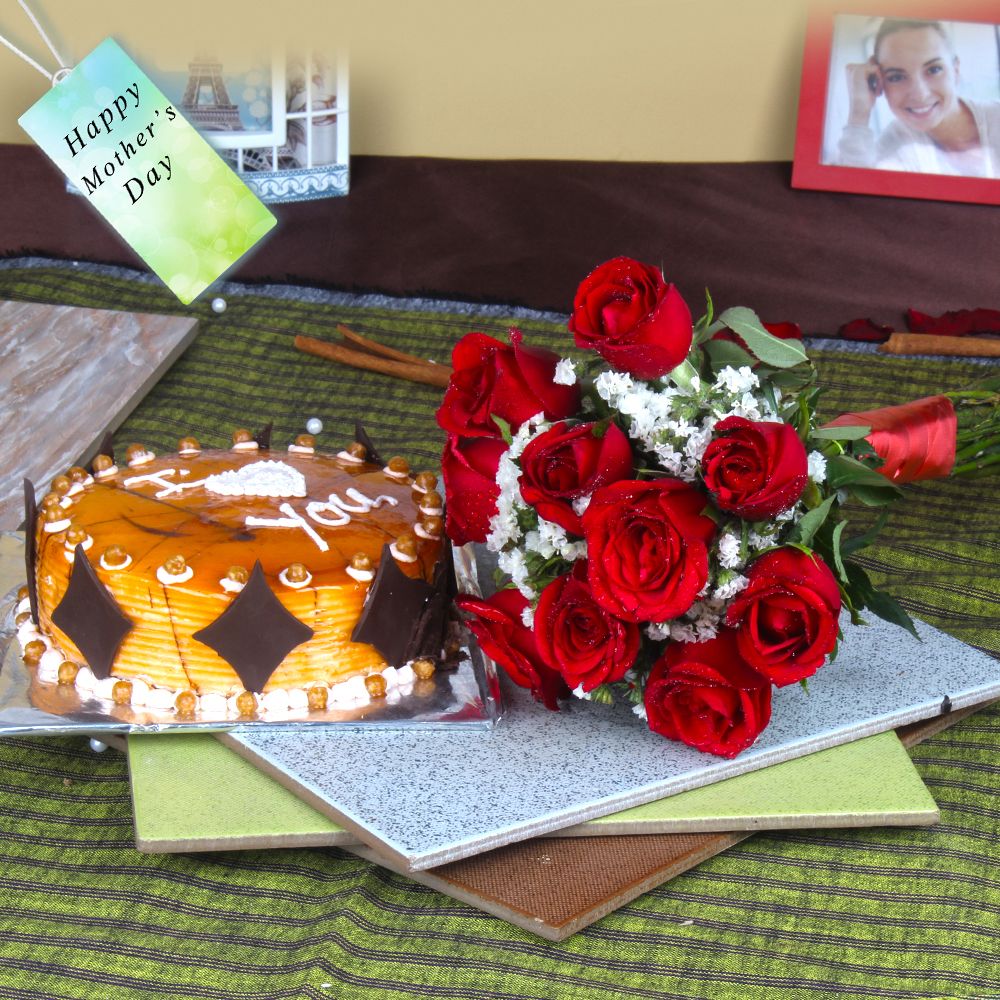 Butterscotch Cake with Ten Red Roses Bouquet For Loving Mom