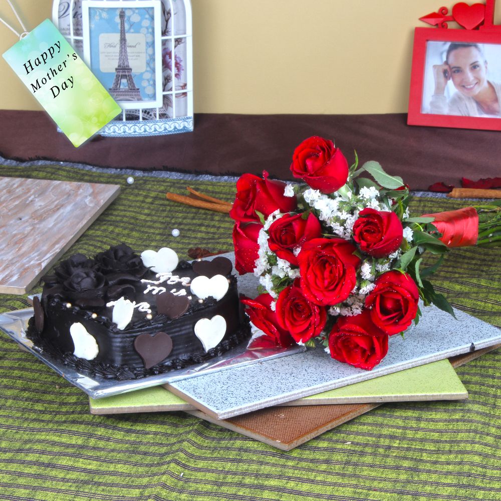 Ten Red Roses Bouquet with Heartshape Chocolate Cake For Mom