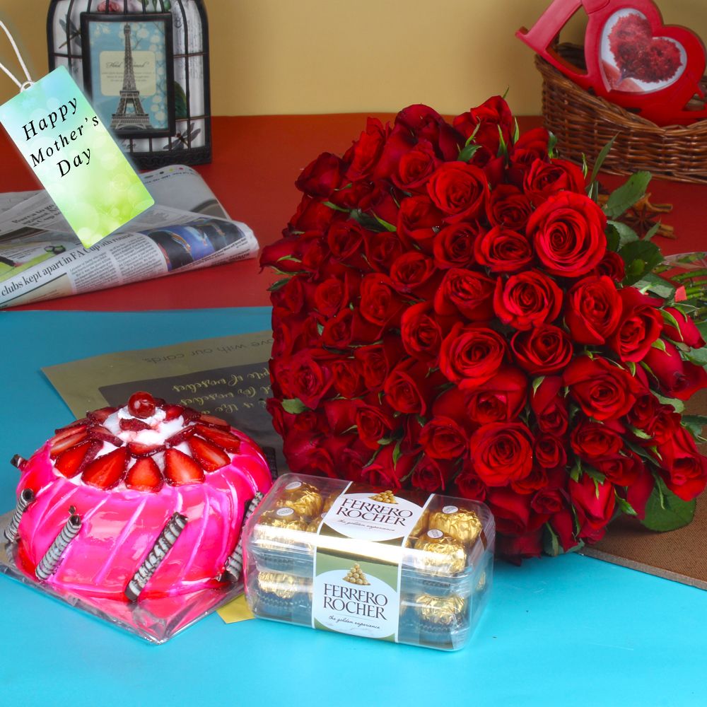 Blooming Hundred Roses Bouquet with Chocolate and Cake on Mothers Day